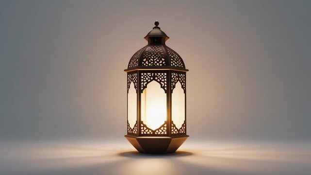 Ornate Illuminated Moroccan Lantern with Warm Glow on Grey Background. HD 1080