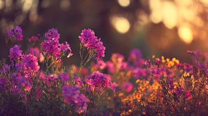 Obraz premium Clusters of bright purple wildflowers bloom vibrantly against a warm, diffused background light
