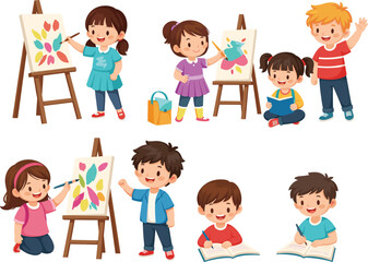 Happy children painting, reading, and learning together, cute kids enjoying creative classroom activities, colorful education vector illustration for school art and study concept