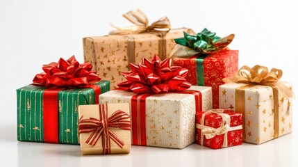 Fototapeta premium Different Christmas gift boxes on a white background.
