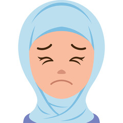 Sad Muslim Woman Wearing Light Blue Hijab Expressing Disappointment With Closed Eyes And Frowning Mouth Pale Skin Tone And Purple Scarf Around Neck On Transparent Background