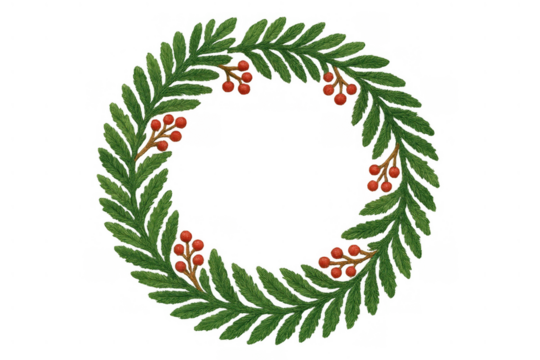 Christmas wreath of green pine branches and red berries creating festive holiday decoration with transparent background - Powered by Adobe