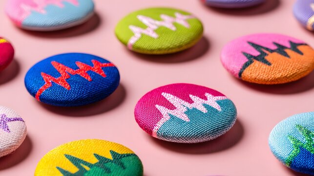 Assortment of colorful fabric covered buttons displaying abstract embroidered patterns resting on a light surface - Powered by Adobe