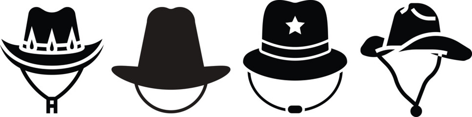 Cowboy hat icon set.west illustration sign collection.Uncle Hat Cut File, Daddy's Hat Stencil, Rodeo Vector, Howdy Clipart.Texas symbol or logo.Cowboy hat icon in silhouette style vector art illustrat