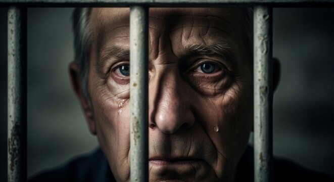 A prisoner behind bars looking toward camera with deep sadness.