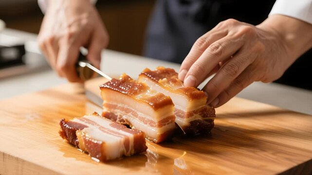 Chef slicing roasted pork on wooden cutting board, showcasing culinary skills, precision, and attention to detail in close up view