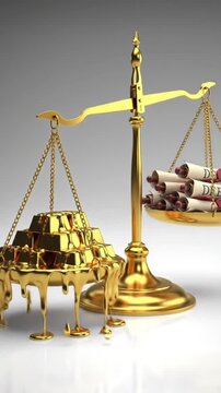 A symbolic representation of financial instability and asset value, with melting gold bars outweighing paper scrolls on classic scales of justice