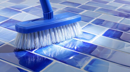 Bristled cleaning utensil scrubs glossy rectangular glass mosaic tiles with varying shades of blue