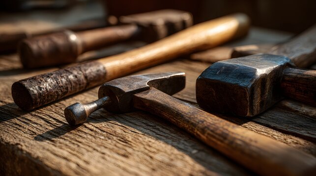 Assortment of well-used metal striking tools rests upon a weathered wooden surface