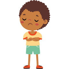 Unhappy Boy With Arms Crossed And Eyes Closed Wearing A Yellow T Shirt And Blue Shorts With Brown Skin And Curly Hair Standing Against Transparent Background