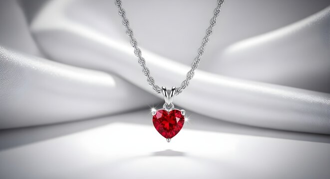 Elegant silver necklace with a ruby heart pendant on a soft white satin background