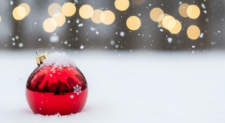 Red Christmas ornament ball on snowy background with warm glowing holiday lights
