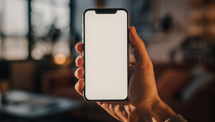 手に持ったスマートフォンの高画質画面モックアップ