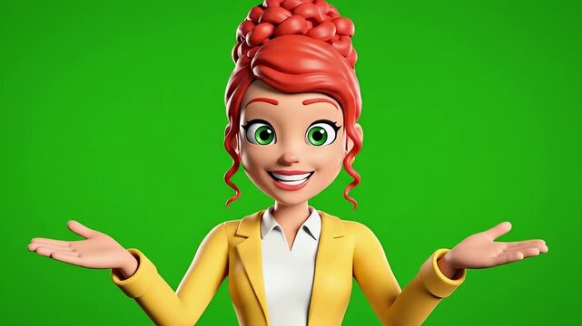 Smiling cartoon woman gesturing with her hands on a green background, Animated character with red hair and a bright yellow blazer and a positive expression