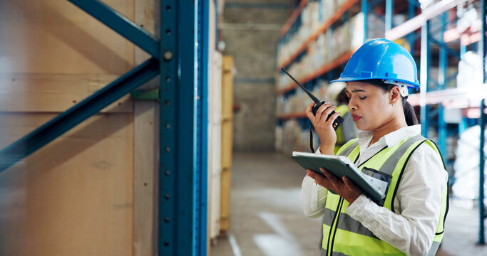 Woman, logistics or radio with tablet in warehouse for stock error or missing inventory check. Female person, employee or distributor with concern, technology or supply chain issue for fail shipment