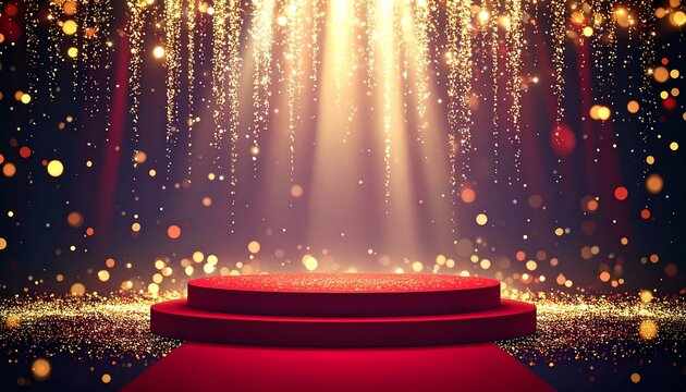 【アワード・セレモニー】赤い表彰台と豪華なゴールドの光が降り注ぐ祝祭的なステージ背景