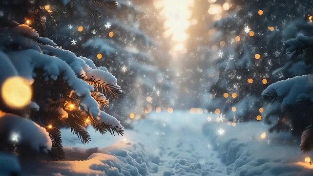【シネマティック動画】雪に覆われた森の道とクリスマスの光_静かに雪が降る冬の幻想的な風景