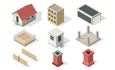 Isometric Building Elements Vector Set,  Collection of houses, garages, chimneys, fences, and foundations perfect for architecture, city map design, and construction infographics.
