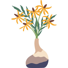 Vase with Yellow Flowers and Green Leaves Transparent Background