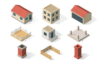 Isometric House and Architecture Parts Illustration,  Building elements including home exteriors, garage, fence, and chimney for real estate, urban planning, and 3D map visuals.