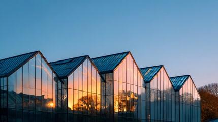 Modern glass building roofline reflects warm sunset colors against a clear blue sky