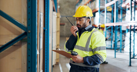 Man, radio and clipboard at warehouse, storage and checklist with safety check for supply chain....