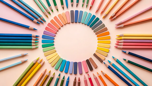 Rainbow Circle of Colored Pencils and Pastels, Art Supplies - Powered by Adobe