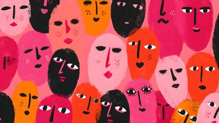 Colorful illustration depicts a densely packed group of diverse human faces across a vibrant background