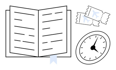 Open book with a bookmark, airplane tickets, and a clock portraying travel, reading, and efficient time management. Ideal for education, travel planning, time tracking, productivity learning