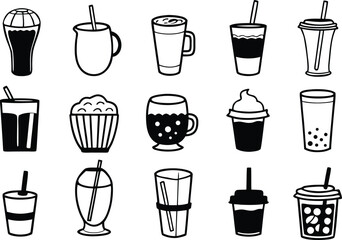 Collection of 24 hand-drawn beverage and food icons in black and white vector format