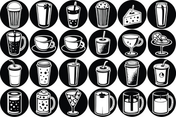Collection of 24 black and white beverage icons for design needs
