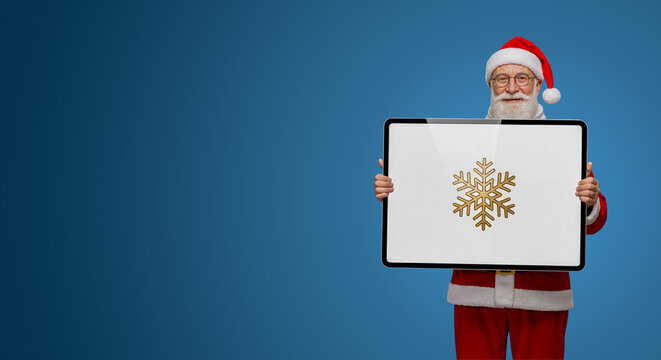 Santa Claus elderly man holding white sign with gold snowflake. Christmas holiday delivery concept for new year celebrations. Festive winter greeting and seasonal message illustration.