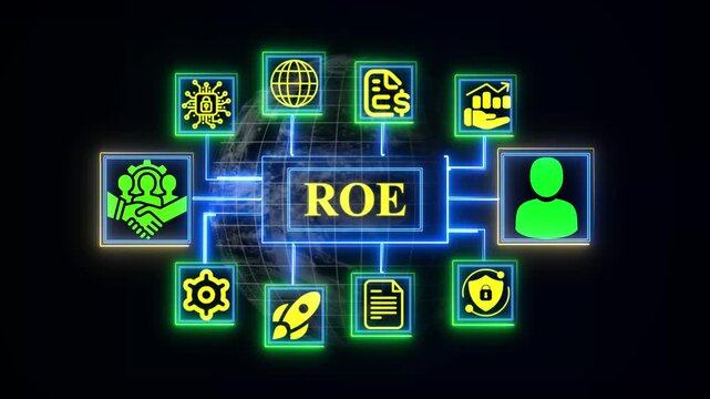 Minimalist ROE concept diagram with glowing green and aqua nodes and icons on world-wide black background Key Responsibility Area