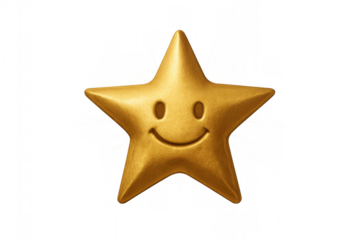Gold star smiling face icon representing quality, success, feedback, achievement, and positive review on transparent background
