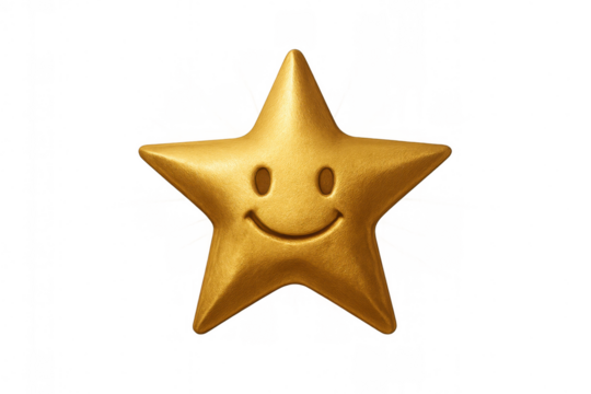 Gold star smiling face icon representing quality, success, feedback, achievement, and positive review on transparent background