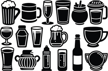 Diverse collection of beverage and drink vessel vector icons and illustrations