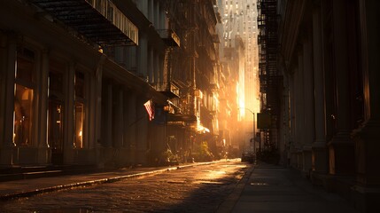 Intense sunbeams illuminate a narrow urban canyon street lined with historic architecture