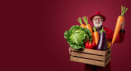 Smiling elderly man dressed as Santa holding wooden crate of fresh vegetables like carrots cabbage eggplant and tomato. Joyful New Year delivery with healthy produce. Holiday gifting and nutritious