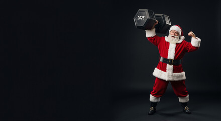 Santa Claus lifting black dumbbells with flexed arms. Jolly man in red suit exercising vigorously. Christmas fitness motivation and holiday workout concept for new year cheer.