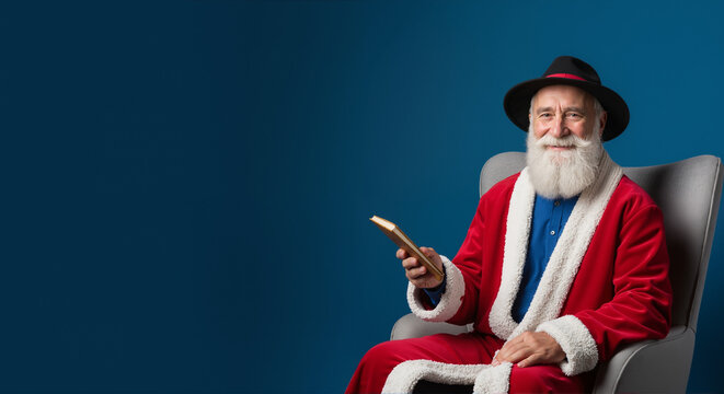 Santa claus holding smartphone while sitting in armchair. Elderly man in red suit with white beard smiling happily. Modern holiday tradition blending technology for christmas and new year gift