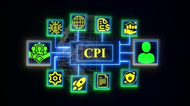 Minimalist CPI concept diagram with glowing green and aqua nodes and icons on world-wide black background Key Responsibility Area