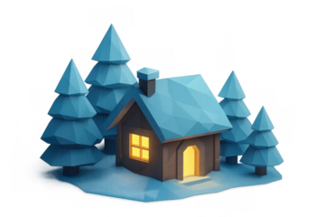 Cozy winter cabin with glowing light nestled in a snowy forest, low poly 3d rendering isolating holiday warmth