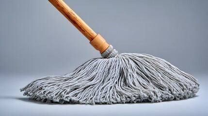 Household floor cleaning tool rests with absorbent yarn strands on a pale surface