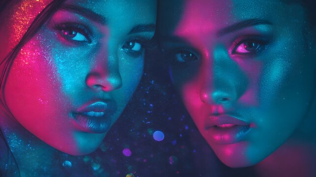 Two striking female faces illuminated by intense contrasting neon illumination create a dramatic portrait