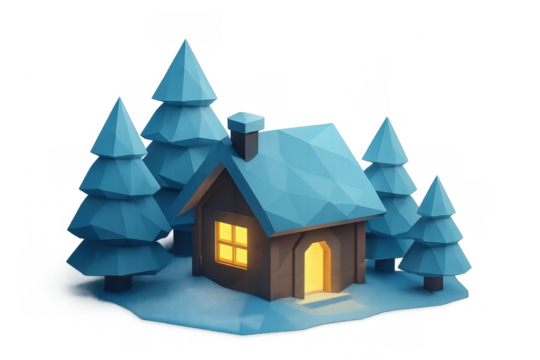 Cozy winter cabin with glowing light nestled in a snowy forest, low poly 3d rendering isolating holiday warmth