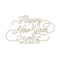 Elegant ‘Happy New Year 2026’ lettering with swirling ribbon outlines and sparkles, thin gold contour, white background, no shadow, trace-friendly vector.
