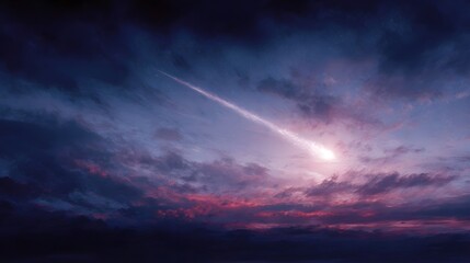 A brilliant meteor streaks across a dramatic cloudy twilight sky illuminated by its fiery trail