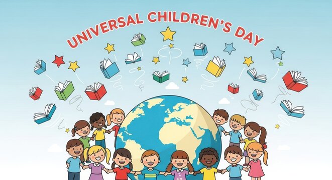 Childrens day celebration with diverse kids around the globe and books
