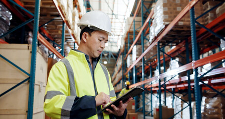 Businessman, logistics and checking inventory with tablet in warehouse for quality control in depot. Man, employee or distributor with technology for stock management, supply chain or distribution