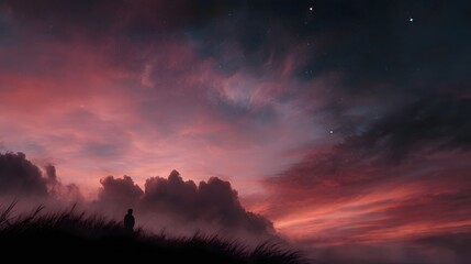 Fototapeta premium A solitary figure stands on a grassy hill gazing at a dramatic crimson sunset and starry twilight sky